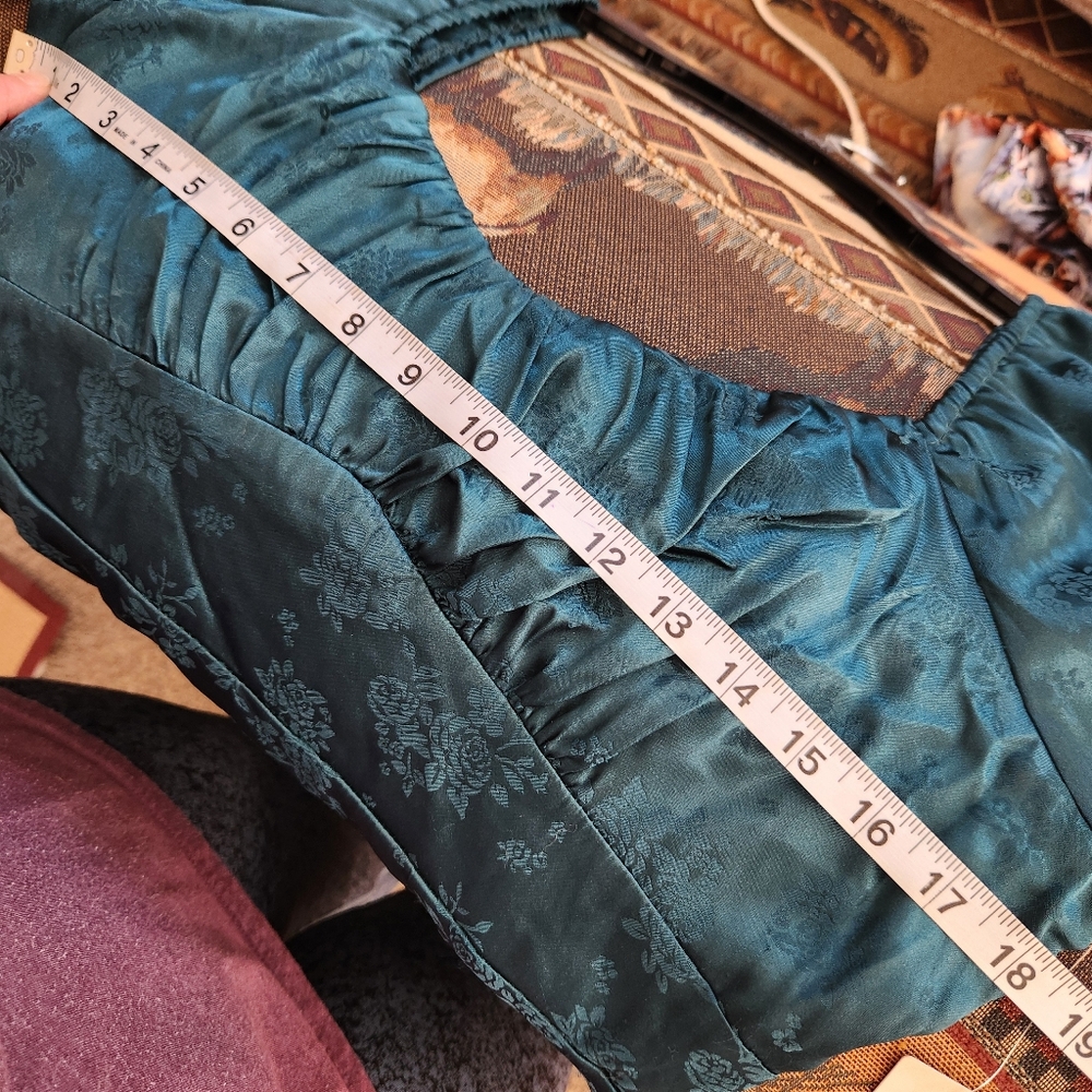 Jacquard Teal Party Satin Dress Size XL Long Sleeve Empire Waist - Picture 9 of 11
